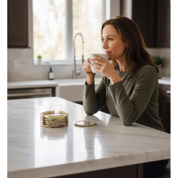 Green Onyx Coaster Set - 6 Natural Stone Coasters + Holder, Handmade Marble set - Picture 7 of 10